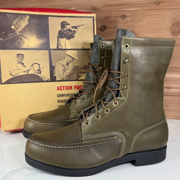 Vintage 80's Wolverine 03381 Olive‎ Leather Moc Toe Boots Men's Size 10.5 E